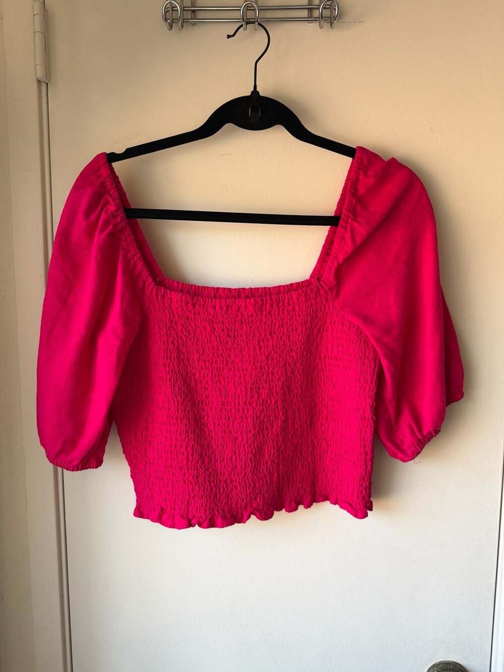 Universal Thread Women's Pink Smocked Square Neck Puff Sleeve Crop Top